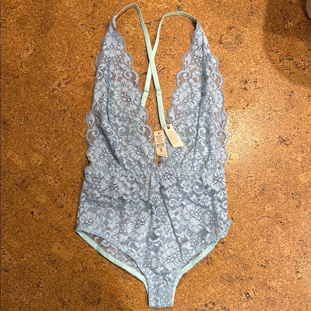 Ha Intimates Lace Halter Bodysuit in Light Blue Small Eco materials